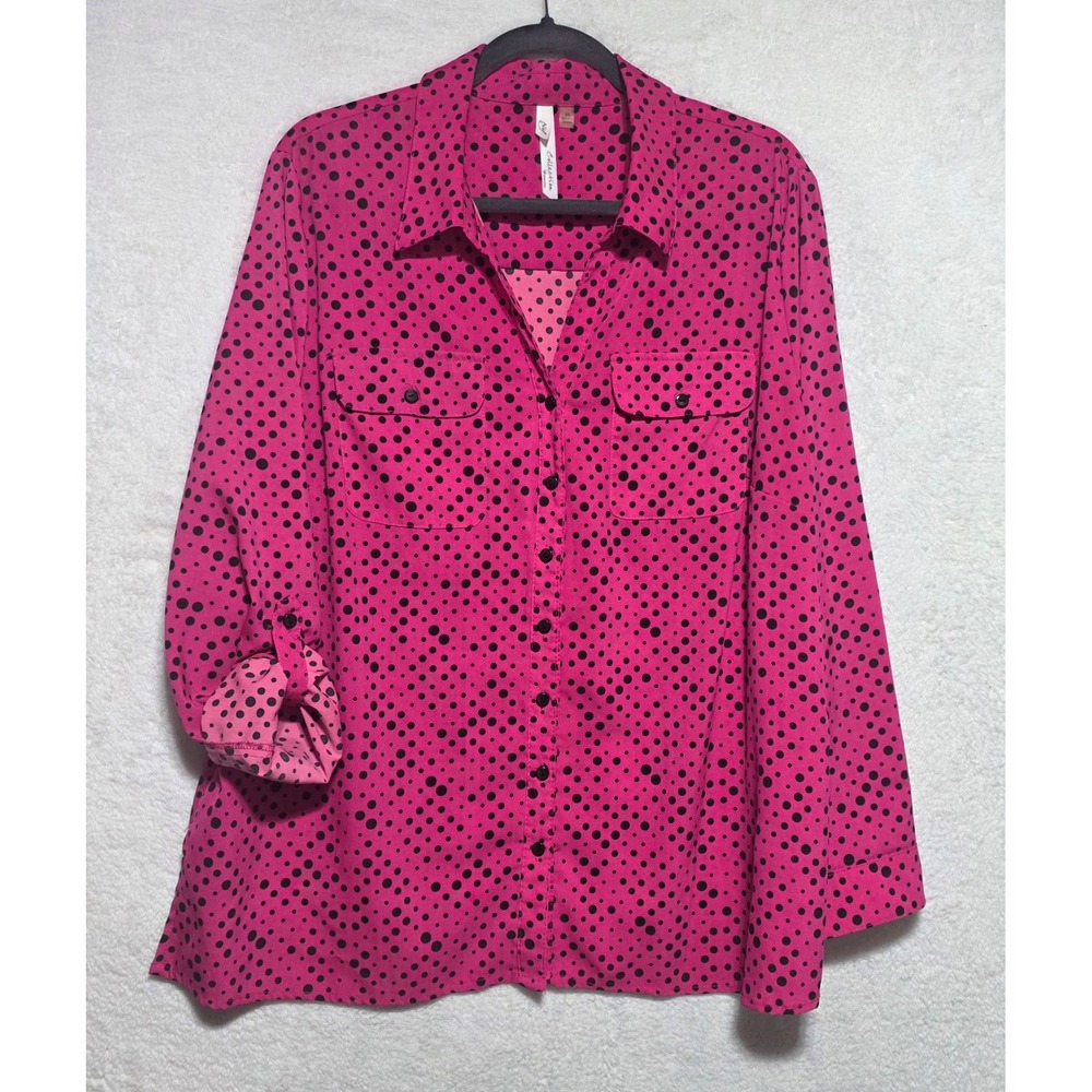 NY Collection Woman Pink Black Polka Dot Button Down Roll Tab Blouse Plus Sz 2X